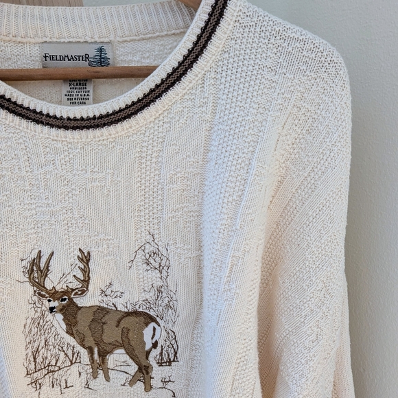 Vintage Chunky Textured Deer Embroidered Crewneck Sweater In Ivory - Picture 4 of 9